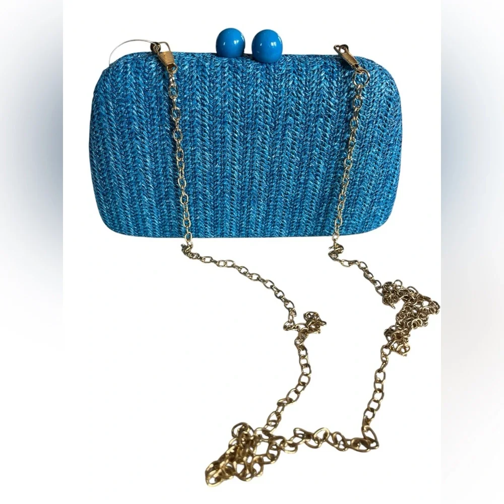Blue Rafia/Straw yarn Woven Hardshell Clutch with Gold Chain & ball clasp lock